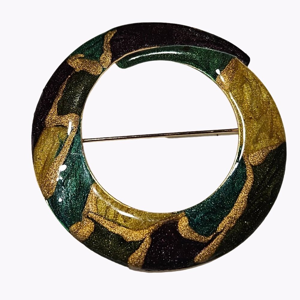 Vintage Tribal Hand Painted Statement Brooch Swirl Glitter Gold Green Jewelry